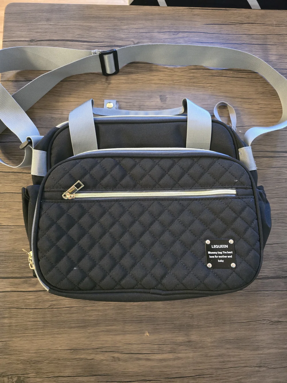 Lequeen Quilted Black Baby Diaper Bag - Crossbody & Shoulder Strap